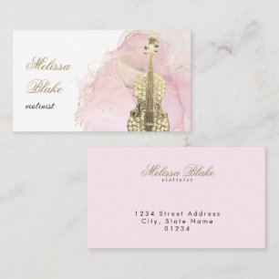 golden violin on pink alcohol ink business card