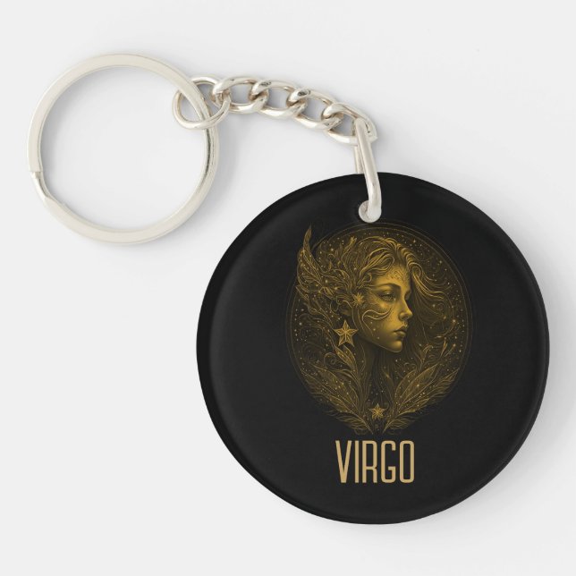 Golden Virgo classic zodiac sign black Key Ring (Front)