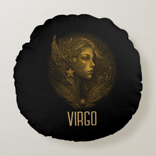 Golden Virgo classic zodiac sign black Round Cushion (Front)