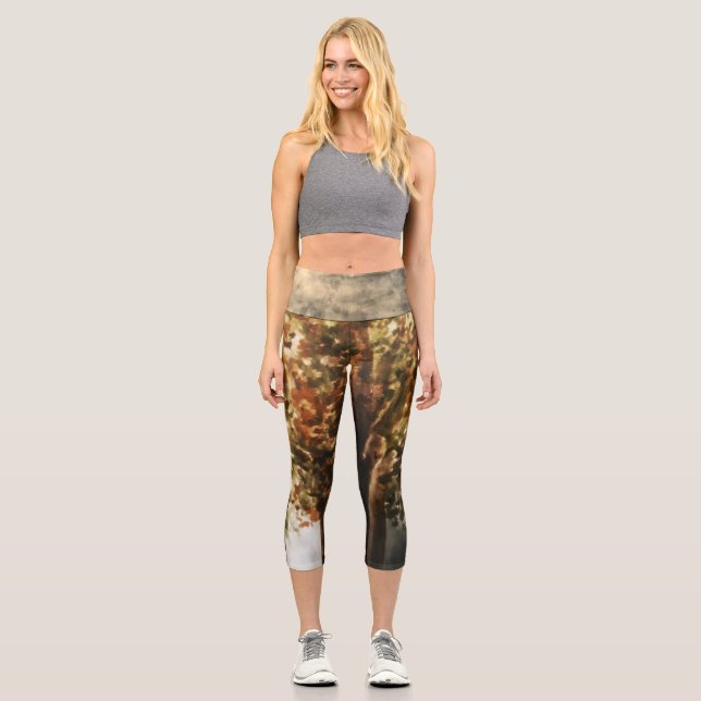 Golden Watercolor Botanical Tree Illustration Capri Leggings (Front)