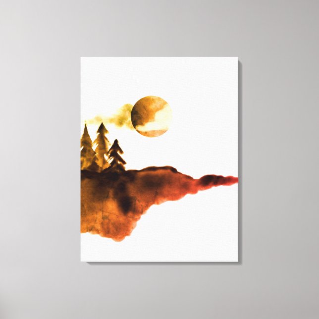 Golden Watercolor Mountains Moon Pine Trees Canvas Print (Front)