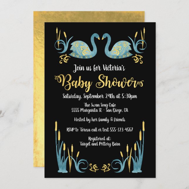 Golden watercolor Swans Baby Shower Invitation (Front/Back)