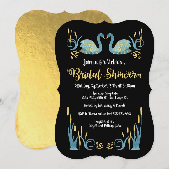 Golden watercolor Swans Bridal Shower Invitation (Front/Back)