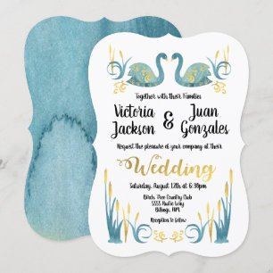 Golden watercolor Swans Wedding Invitations