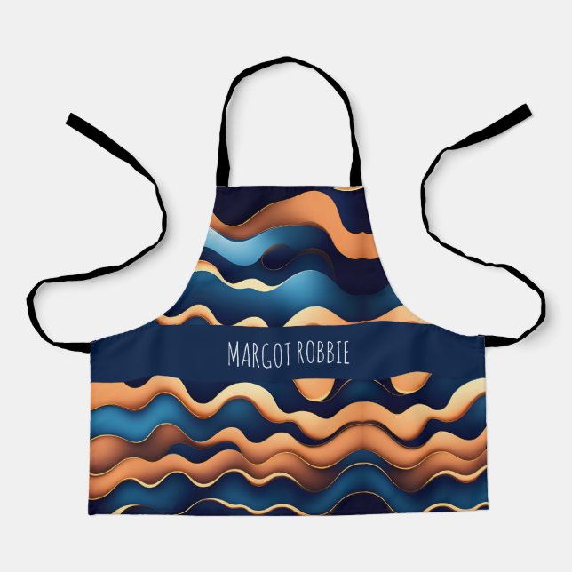 Golden Wave Blue Watercolor Abstract Pattern Apron (Front)