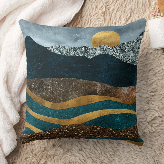 Golden Waves Under Moonlit Mountains Cushion (Blanket)