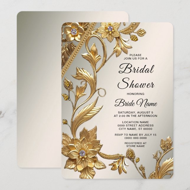 Golden Wavy Leaves Floral Bridal Shower Invitation (Front/Back)