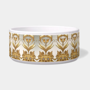 Golden Wavy Leaves Floral Ceramic Pet Bowl