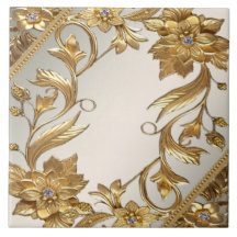 Golden Wavy Leaves Floral Ceramic Tile