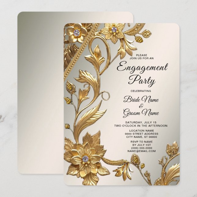 Golden Wavy Leaves Floral Engagement Invitation (Front/Back)