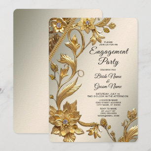 Golden Wavy Leaves Floral Engagement Invitation