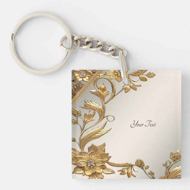 Golden Wavy Leaves Floral Keychain (Front)