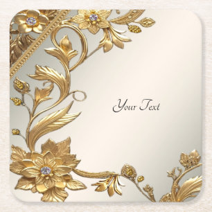 Golden Wavy Leaves Floral Paper Coaster