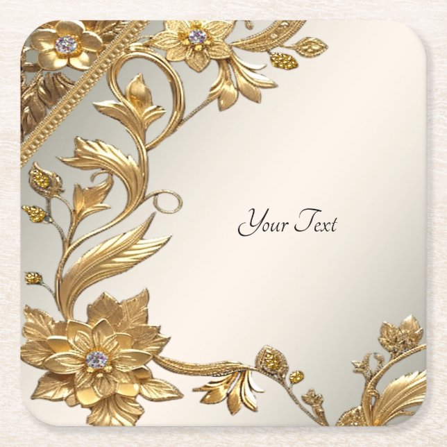 Golden Wavy Leaves Floral Paper Coaster (Front)
