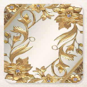 Golden Wavy Leaves Floral Paper Coaster