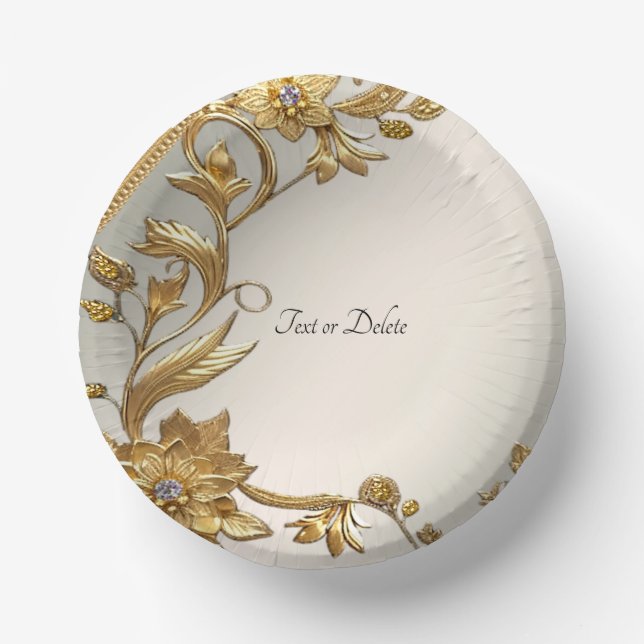 Golden Wavy Leaves Floral Paper Plate (Front)