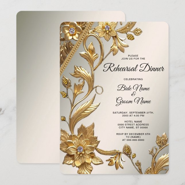 Golden Wavy Leaves Floral Rehearsal Dinner Invitation (Front/Back)