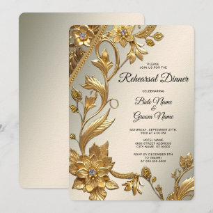 Golden Wavy Leaves Floral Rehearsal Dinner Invitation