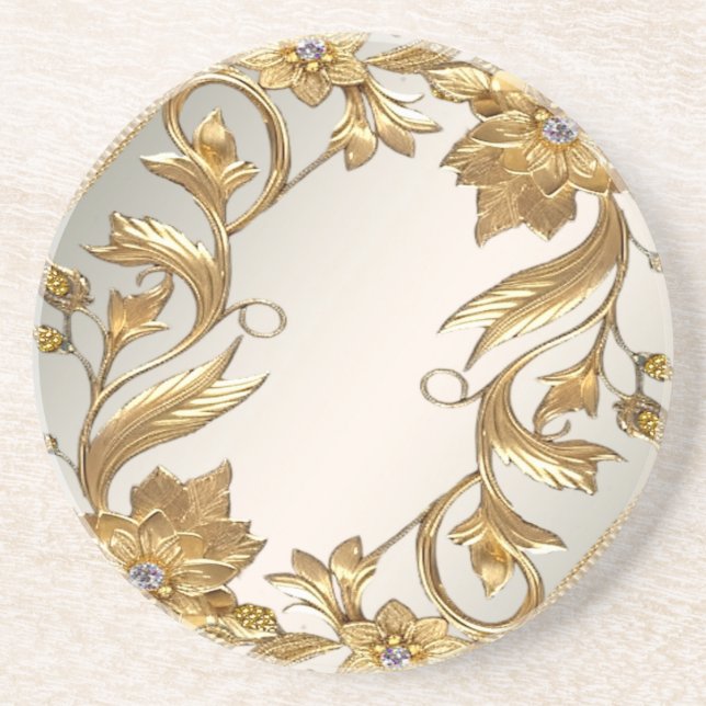 Golden Wavy Leaves Floral Sandstone Coaster (Front)