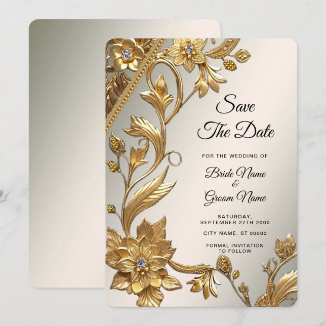 Golden Wavy Leaves Floral Save the Date (Front/Back)