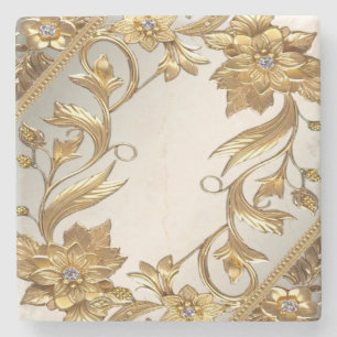 Golden Wavy Leaves Floral Stone Coaster