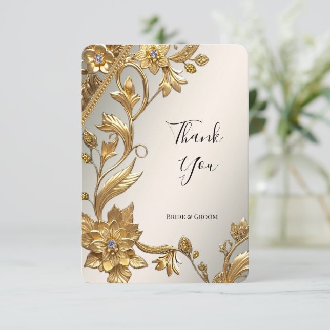 Golden Wavy Leaves Floral Thank You Card (Standing Front)