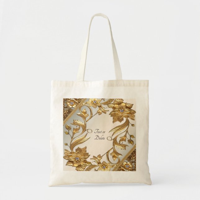 Golden Wavy Leaves Floral Tote Bag (Front)