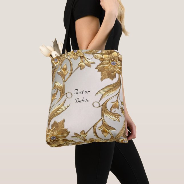 Golden Wavy Leaves Floral Tote Bag (Close Up)
