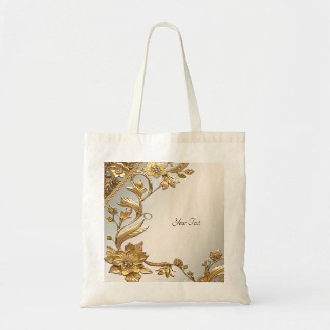 Golden Wavy Leaves Floral Tote Bag (Front)