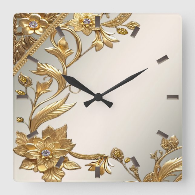 Golden Wavy Leaves Floral Wall Clock (Front)