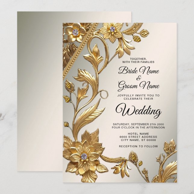 Golden Wavy Leaves Floral Wedding Invitation (Front/Back)