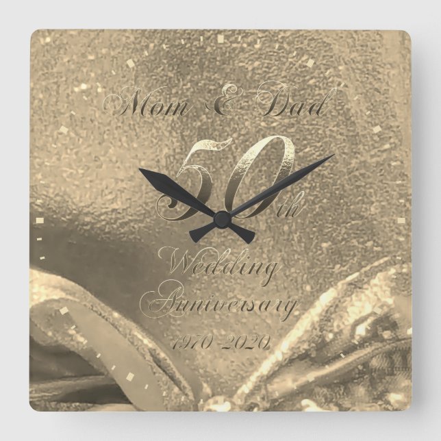 Golden Wedding 50th Anniversary Parents Faux Gold Square Wall Clock (Front)