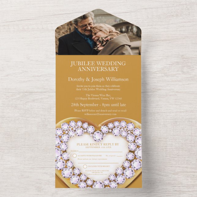 Golden wedding anniversary 75 years party event all in one invitation (Inside)