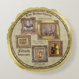 Golden Wedding Anniversary Antique Photo Collage Round Cushion