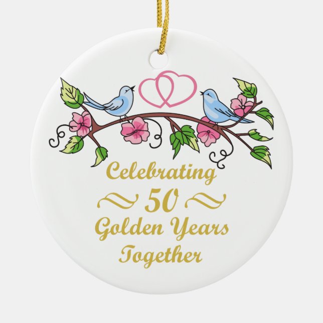Golden Wedding Anniversary Ceramic Tree Decoration (Front)