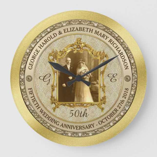 Golden Wedding Anniversary Classic Photo Frame Large Clock (Front)
