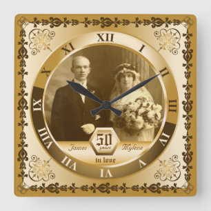 Golden Wedding Anniversary Custom Photo Ornate Square Wall Clock