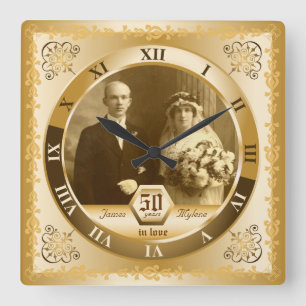 Golden Wedding Anniversary Customisable Photo Gift Square Wall Clock