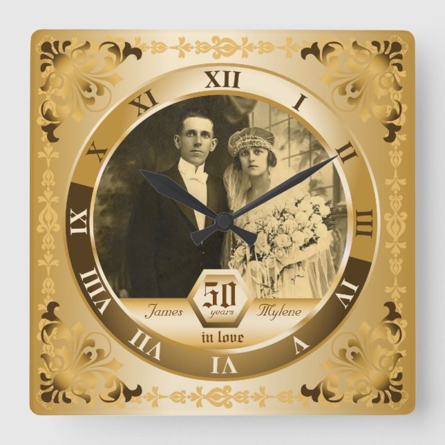 Golden Wedding Anniversary Customisable Photo Gift Square Wall Clock (Front)