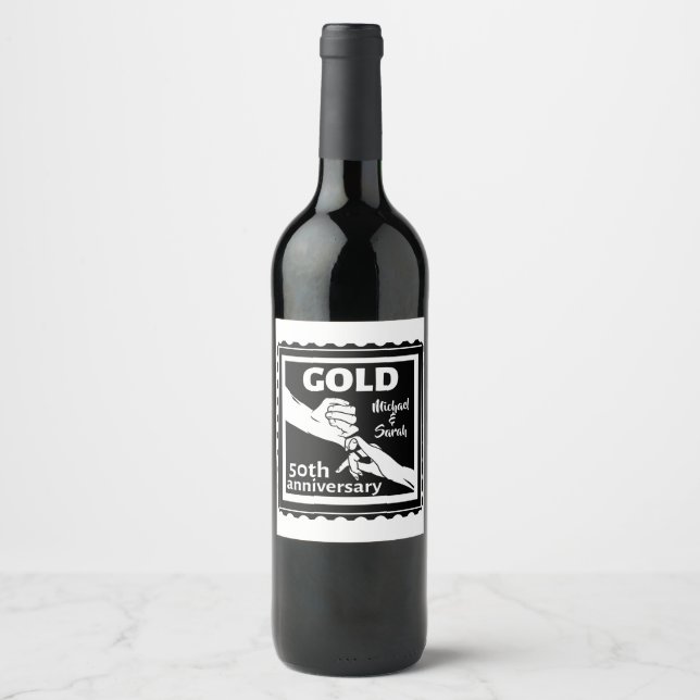 Golden wedding anniversary holding hands 50th wine label (Front)