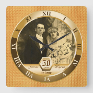 Golden Wedding Anniversary Photo Custom Amber Gold Square Wall Clock