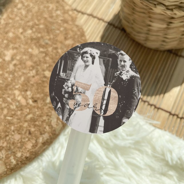 Golden Wedding Anniversary Then & Now 50 years Classic Round Sticker (50 years gold anniversary marriage celebration golden fiftieth decor sticker)