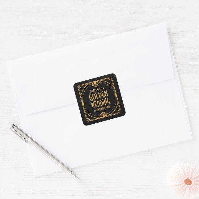 Golden Wedding Art Deco Style Gold Frame Square Sticker (Envelope)