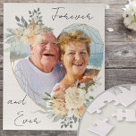 Golden Wedding Heart Forever and Ever Photo Jigsaw Puzzle<br><div class="desc">Custom Photo Canvas displaying your favourite photo in a geometric heart shaped gold frame. The frame is decorated with watercolor bouquets of cream and apricot flowers. It is lettered with the wording "forever and ever" in elegant casual, handwritten script on a neutral, almond white background, all of which you can...</div>