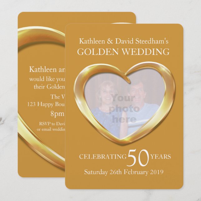 Golden wedding heart photo 50 years party invite (Front/Back)