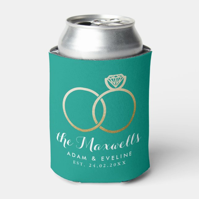 Golden Wedding Rings Favour Teal Green Can Cooler (Can Front)