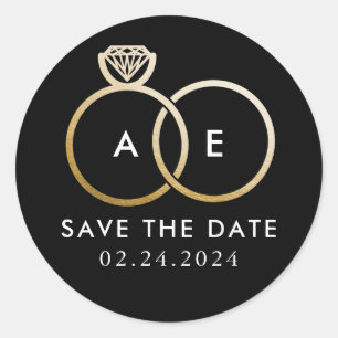 Golden Wedding Rings on Black Save the Date Classic Round Sticker