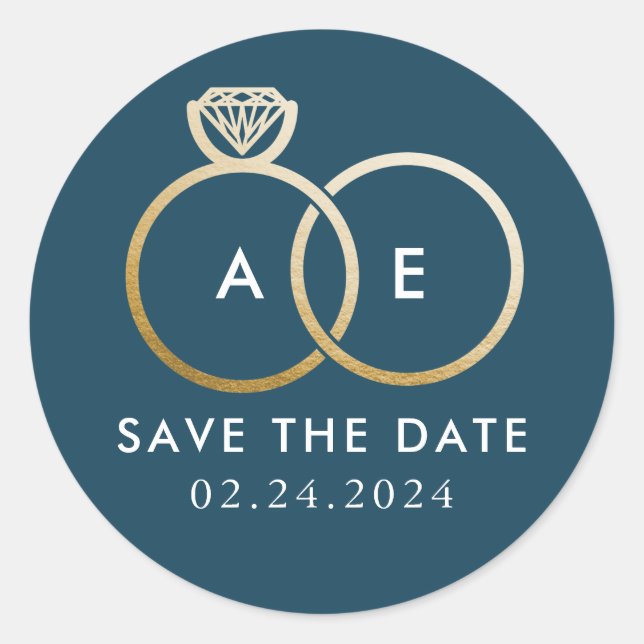 Golden Wedding Rings on Blue Save the Date Classic Round Sticker (Front)