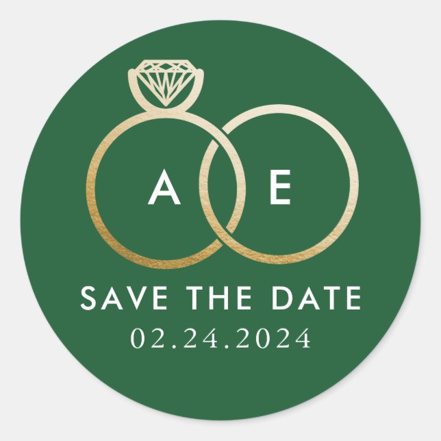 Golden Wedding Rings on Hunter Green Save the Date Classic Round Sticker (Front)