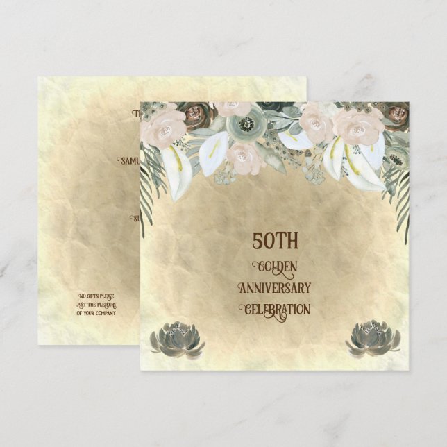  Golden Wedding Sage Green Watercolor Flowers Invitation (Front/Back)